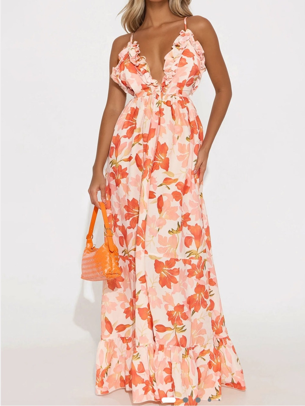Fashion Nova Coral Floral Ruffle Maxi Dress